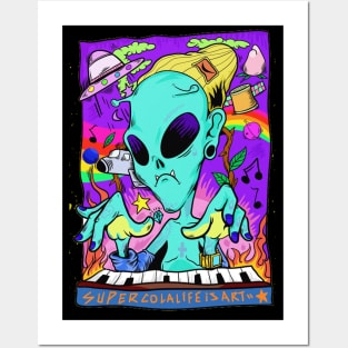 Dope space alien character rocking piano keyboard illustration Posters and Art